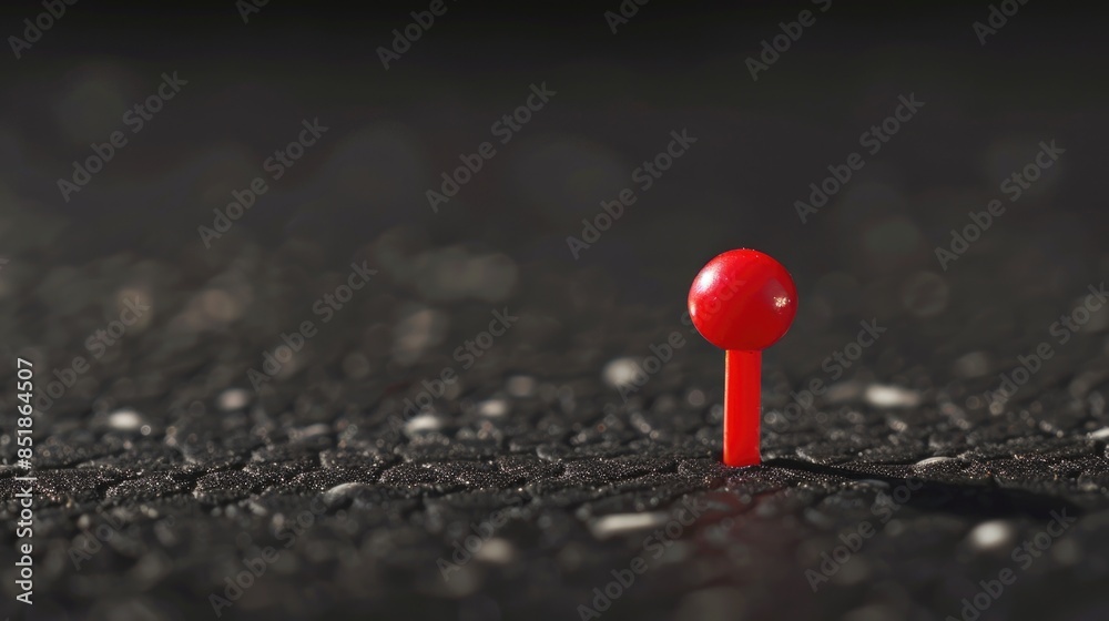 Poster A small red pin sits on top of a dark-colored surface, with no additional context