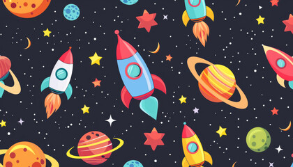 Naklejka premium cartoon space pattern with colorful rockets, planets and stars on a dark background