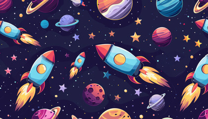 cartoon space pattern with colorful rockets, planets and stars on a dark background