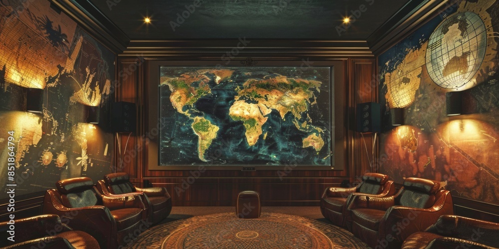 Poster A living room with a large map on the wall, perfect for use as a decorative element or to add a touch of adventure and exploration to your interior design