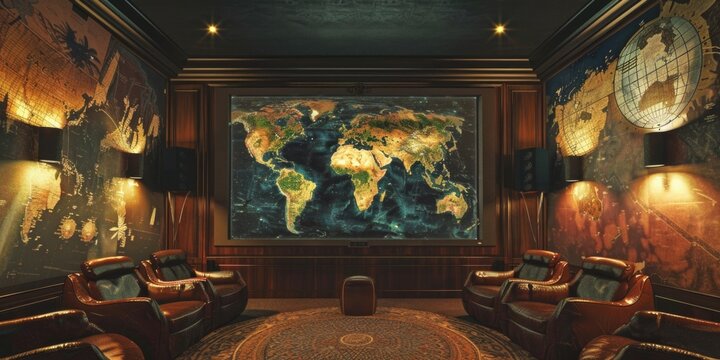 A living room with a large map on the wall, perfect for use as a decorative element or to add a touch of adventure and exploration to your interior design