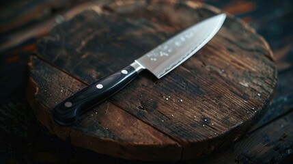 A single knife placed on a wooden cutting board, ideal for culinary use