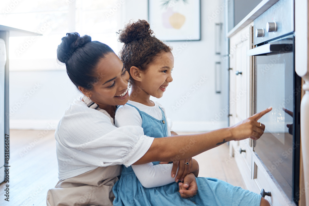 Poster Learning, mother and child at baking oven in kitchen for family bonding, love and care together. Mom, happy girl and kid at stove to help with dessert, cooking or teaching recipe preparation in home