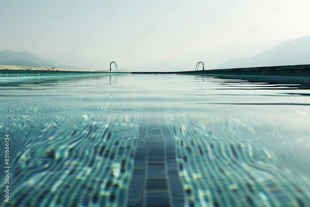 Poster a serene and secluded swimming pool situated amidst a mountain range, surrounded by lush greenery an