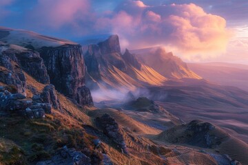 Panoramic view of a mountain range at sunset with vibrant colors and misty atmosphere