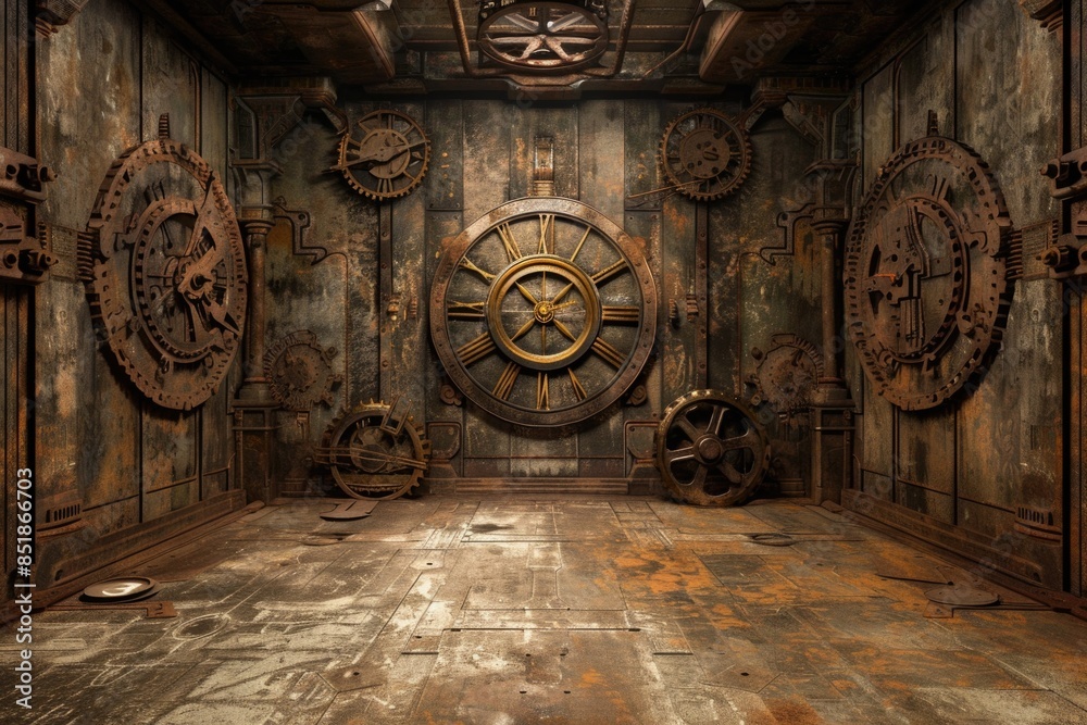 Poster A room filled with intricate clockwork mechanisms, including a large clock