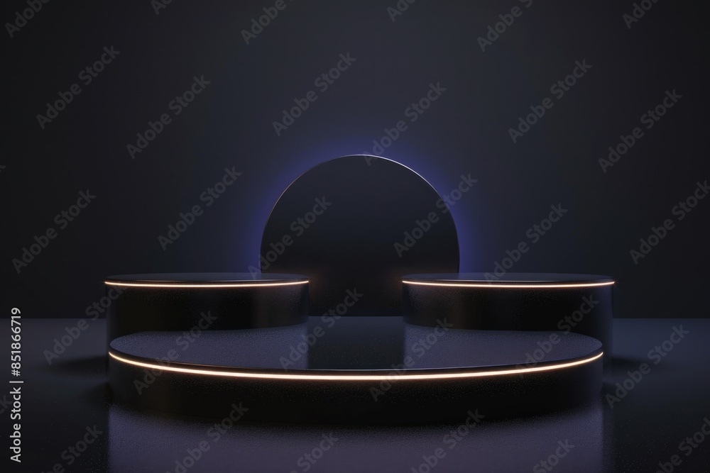 Poster a dark room with three round pedestals on the floor, possibly for display or storage