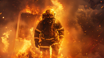 Intense Action Illustration of Firefighter Battling Blaze in Burning Building at Night with Fiery Lighting
