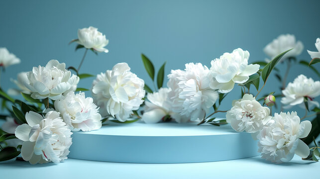 Bright blue comeata with white Podium with snow-white peonies, product white, 3d summer table, beauty stand, display, nature white. Garden with peonies in a bright blue room, 