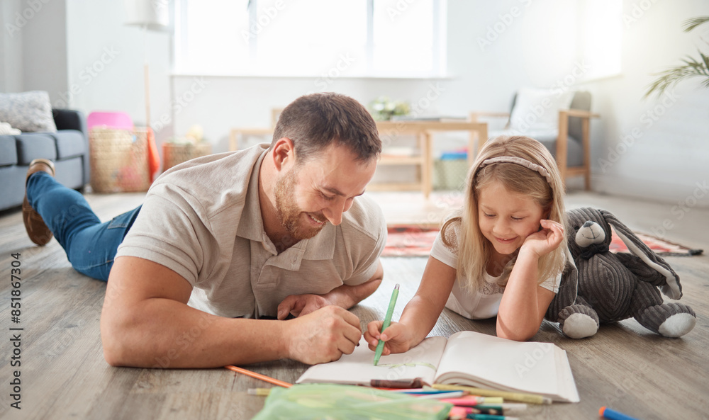 Canvas Prints Coloring, book and father with child on floor for relaxing, bonding and activity at home. Love, happy and dad with girl kid drawing with pencils together for hobby and fun in living room at house.