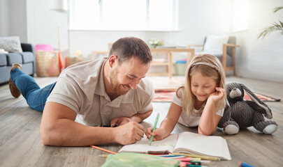 Coloring, book and father with child on floor for relaxing, bonding and activity at home. Love, happy and dad with girl kid drawing with pencils together for hobby and fun in living room at house.