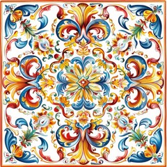 Sicilian ceramic style tile, featuring decorative flourishes with floral elements.