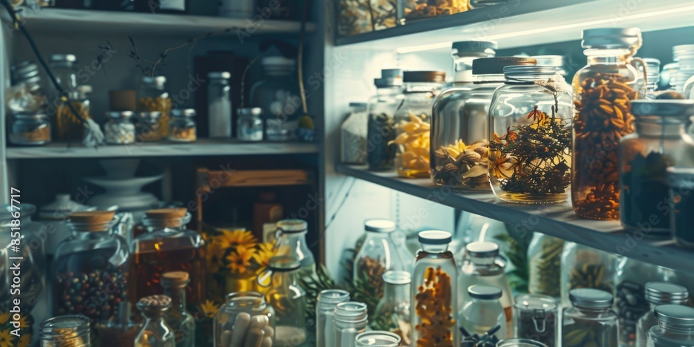 Poster A shelf filled with various bottles and jars, suitable for use in still life photography or as a background element