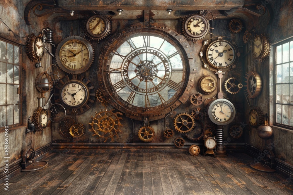 Aufkleber A room filled with numerous clocks and timepieces, ideal for use in articles about horology or as a decorative element