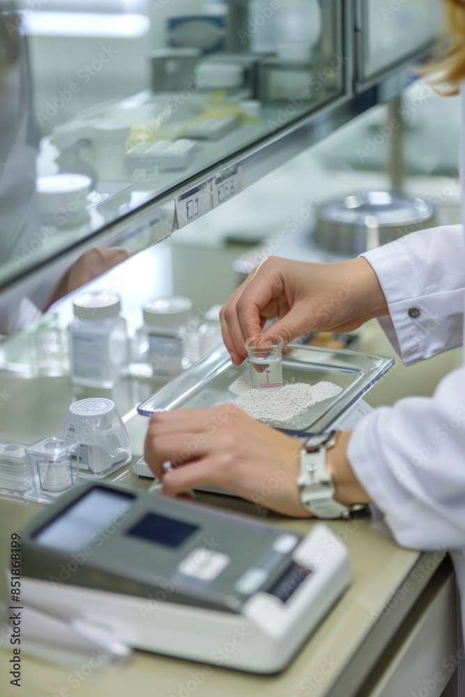 Poster a woman in a lab coat uses a scale to weigh an object, suitable for science and research related ima