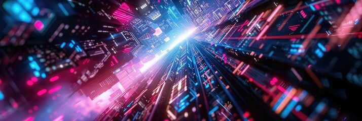 Obraz premium Wide banner with hologram presenting cyberpunk aesthetic visuals. Wide banner hologram