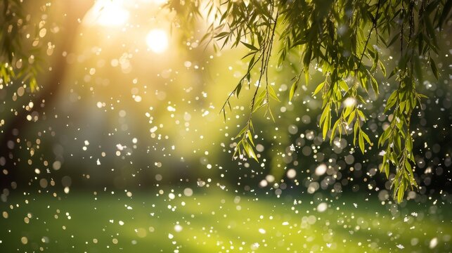 Spring field with tree leaf branches and pollen flying in air in allergic season.