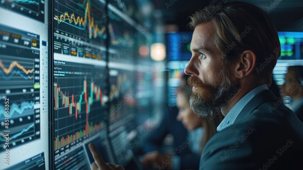 Poster team of business people engaged in strategy analysis during a stock market recession, focus on inter