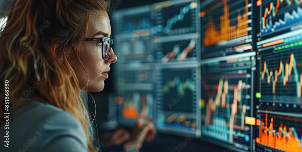 Poster team of business people engaged in strategy analysis during a stock market recession, focus on inter