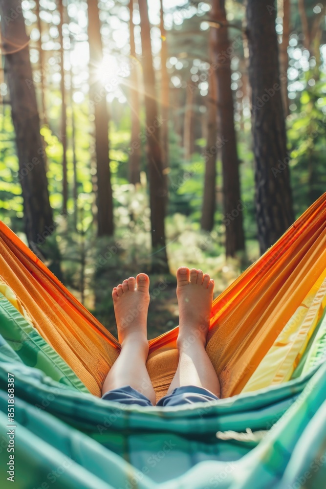 Poster a person lounging in a hammock surrounded by trees