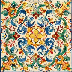 Sicilian ceramic style tile, featuring decorative flourishes with floral elements.
