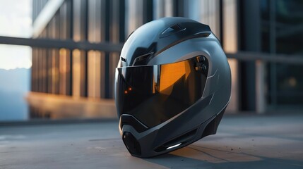 A hightech, minimalistic helmet with integrated AR displays for navigation and safety alerts