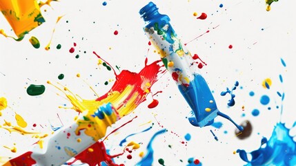 Obraz premium Vivid Paint Splashes and Tubes in Mid-Air on White Background - Professional Photography of Colorful Art Supplies