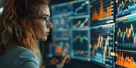 Team of business people engaged in strategy analysis during a stock market recession, focus on interactive data screens, modern office, professional and dynamic. Generative AI.