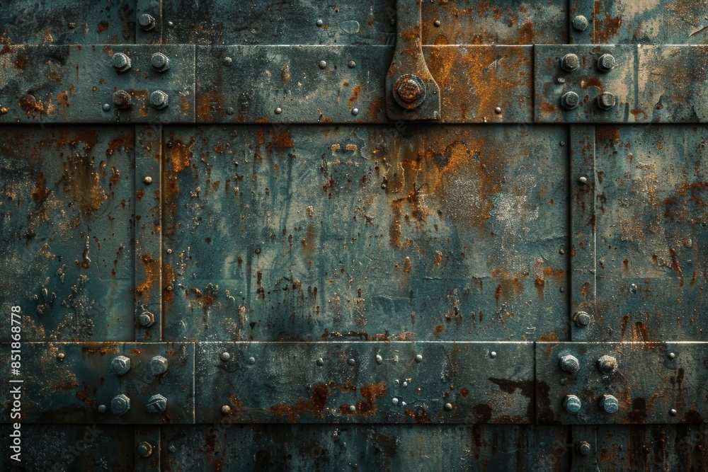 Poster a close-up of a corroded metal surface with visible rivets and bolts, suitable for industrial or mec