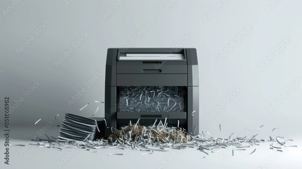 Poster a messy scene with a pile of shredded paper next to a paper shredder, ready for disposal
