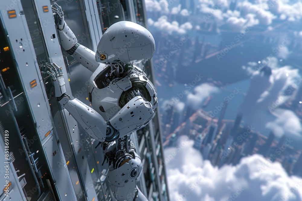 Poster a robot is seen climbing up a building in the sky, with a cityscape background