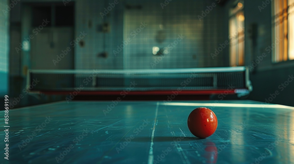 Aufkleber a ping pong table with a red ball placed on the surface, ready for play