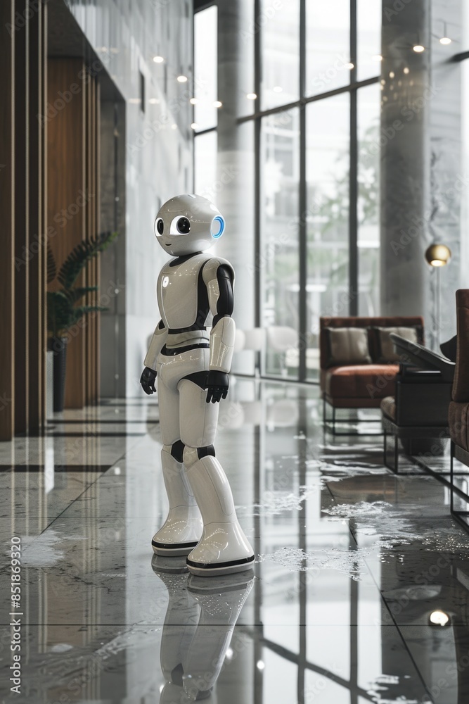 Aufkleber a white robot standing next to a window in a modern lobby
