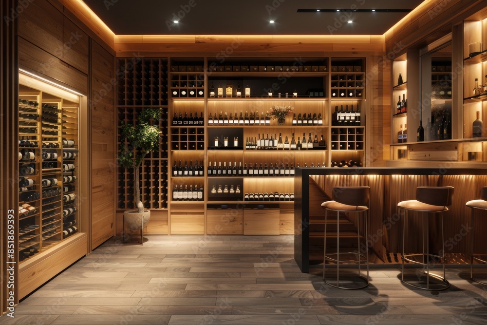 Poster Wine cellar with wooden shelves filled with bottles for storage and display