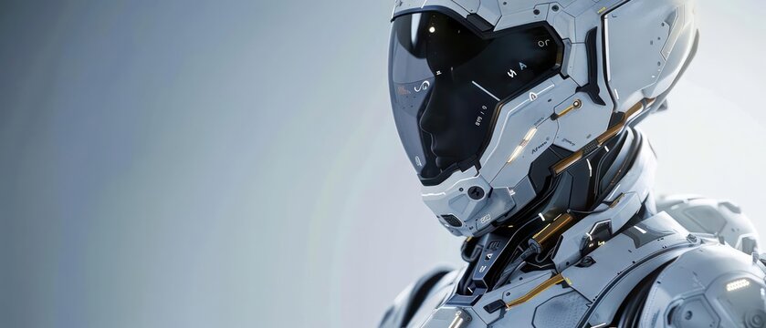 A sleek, futuristic space suit with embedded biometric sensors and communication devices
