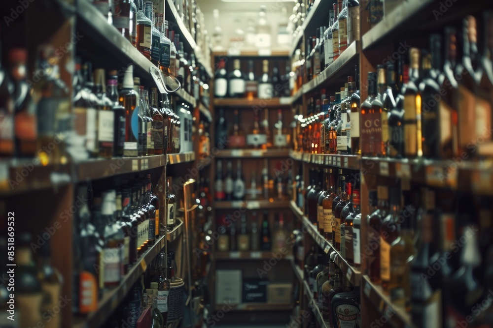 Poster A store filled with many bottles of various types of liquor