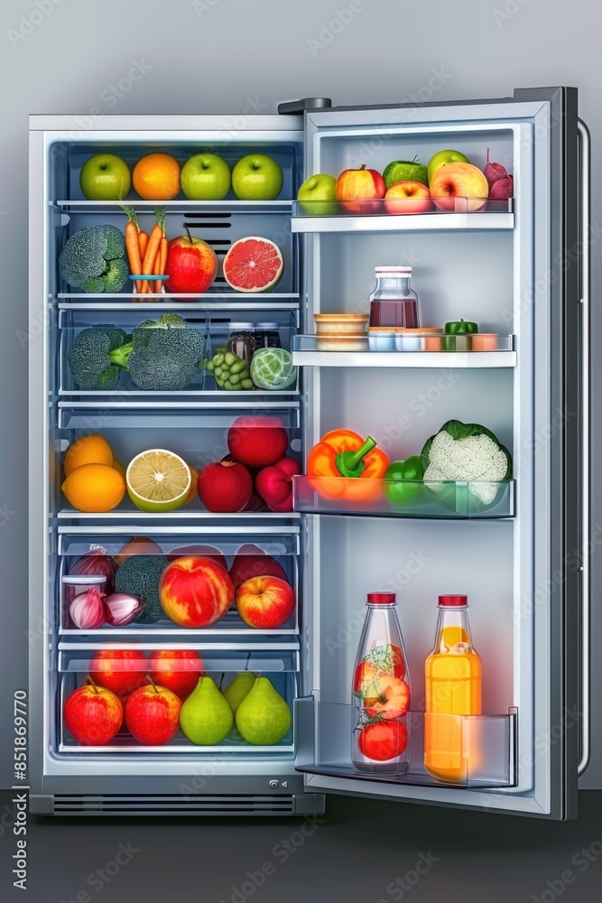 Poster a colorful display of fresh fruits and vegetables stored in a refrigerator, perfect for promoting he