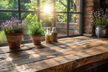 A wooden table with a window in the background and potted plants on it. The table has a vase of flowers and a few potted plants, including one with lavender. There are also two bottles on the table