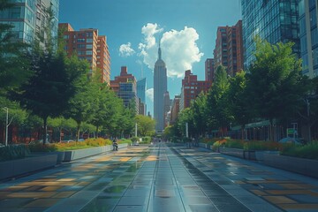 Obraz premium A city street with a large building in the background. The street is wet and the sky is cloudy