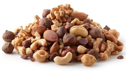 A detailed view of a mix of nuts including walnuts, cashews, and hazelnuts highlighted on a white surface