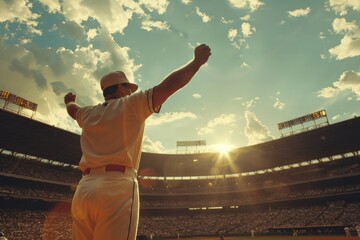 A baseball player celebrates on the field at sunset, with stadium lights and crowd in the background, portraying victory and excitement.