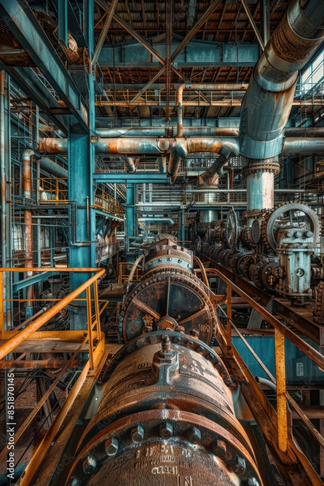 Poster industrial setting with rows of pipes and machinery