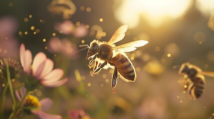 Naklejka premium A honeybee, wings glistening, hovers near vibrant pink flowers, meticulously gathering pollen in the warm, golden sunshine