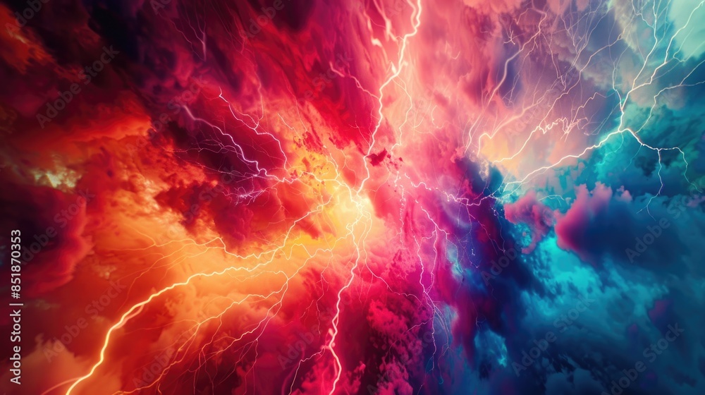 Poster a vibrant blue sky with thunderstorm clouds and lightning bolts, suitable for use in weather or atmo