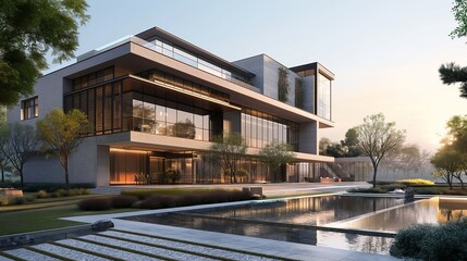  A sleek, modern mansion stands elegantly under the twilight sky, surrounded by tranquil water features and lush greenery.