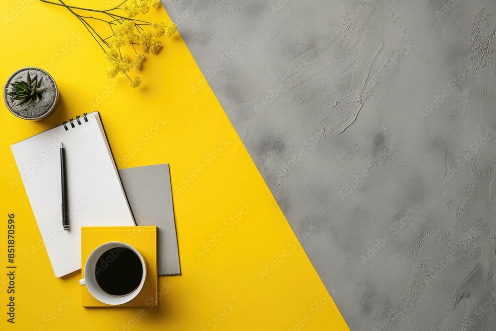 Poster A person taking a break with a cup of coffee and a notepad on a yellow table