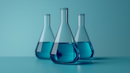 Three conical flasks filled with a mysterious blue liquid against a serene turquoise background, symbolizing scientific exploration