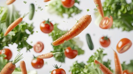 Vibrant Fresh Vegetables in Mid-Air on White Background - Produce Photography Closeup with Studio Lighting and Sharp Focus