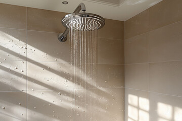 Minimalist bathroom with empty wall mockup, featuring an elegant rainhead and hand Showers in the corner of room.