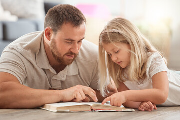 Reading, book and father with child on floor for relaxing, bonding and language development. Love, knowledge and dad with girl kid enjoying fantasy story, novel or literature in living room at home.